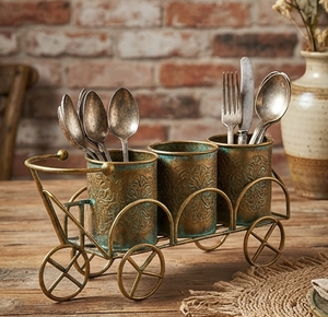Porta Cubiertos Metálico Vintage con Ruedas, Organizador de Cubiertos de 3 Compartimentos para Cocina - Product Image 1