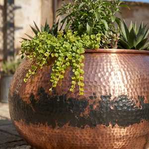 Jardinière ronde en cuivre martelé, style rustique, pour extérieur, pot autoportant, récipient décoratif pour plantes, ensemble de grandes jardinières arrondies - Product Image 2