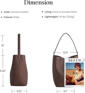 Women's Brown Genuine <b>Leather</b> Bucket <b>Bag</b> <b>Soft</b> Handle String Closure Modern Style Daily Use - Product Image 2