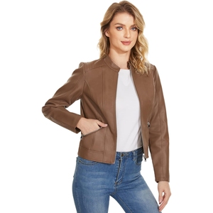 Chaqueta de Cuero Genuino para Mujer, Estilo Motero, Invierno, Transpirable, Resistente al Viento, Color Liso, Directo de Fábrica - Product Image 1