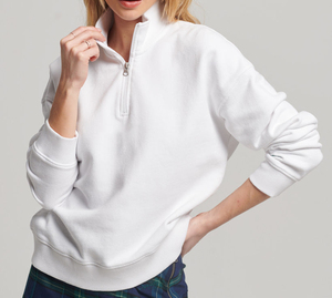 Women's <b>White</b> Printed Casual <b>Quarter</b> <b>Zip</b> Anti-Pilling 100% Cotton Regular Fit Full Sleeve Stand Collar Fleece Autumn Wear - Product Image 1
