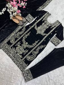 Black Embroidered Indian Pakistani Traditional Wedding <b>Dress</b> <b>Women</b> Floor-Length Regular With <b>Silver</b> Work Polyester Stretchable - Product Image 4