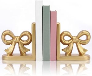 2 sujetalibros dorados con forma de lazo, sujetalibros de metal bonitos y resistentes, soporte decorativo para libros, esculturas decorativas, estatuas, adorno para estante de mesa - Product Image 1