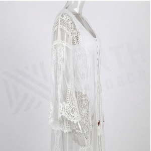 <b>White</b> Chiffon Lace Kimono With Deep V Neck And Tassel Detail For Women - Product Image 3