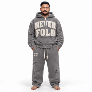 Conjunto de Sudadera con Capucha y Pantalones Jogger Lavado y Desgastado con Cremallera Completa, Unisex, Oversize, Estilo Urbano, con Detalle de Pedrería y Borde sin Rematar, Chándal de Dos Piezas - Product Image 3