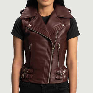 Chaleco de cuero para mujer, color granate, informal, sin mangas, con cuello en V, cremallera, secado rápido, con bolsillos, top de otoño, chaleco de motociclista de moda, superventas, prenda exterior - Product Image 6