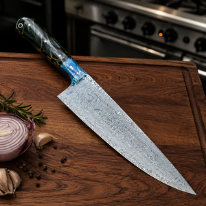 Couteau de cuisine personnalisable à lame droite en acier Damas avec manche en résine colorée, haute qualité, OEM, cadeau DIY pour les parents - Product Image 5