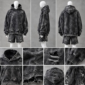 Conjunto de Sudadera con Capucha y Pantalones Cortos Oversize para Hombre, Lavado Ácido, Desgastado, con Cremallera, Dos Piezas, Servicio OEM, 100% Algodón Felpa - Product Image 1