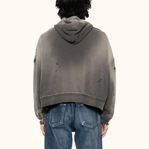Sudadera con Capucha Corta y Ancha de Alta Calidad al por Mayor, Estilo Retro Desgastado, con Cierre, Forro Polar, 100% Algodón Ecológico para Hombre - Product Image 3