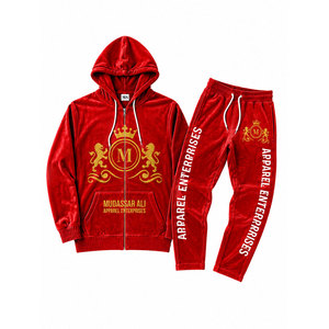 ชุดวอร์มมีฮู้ดสีแดงผ้ากำมะหยี่ ยี่ห้อ Mudassar Ali Apparel Enterprises ผลิตจากโพลีเอสเตอร์ 100% หนัก 350 กรัมต่อตารางเมตร ซิปยาวเต็มตัวพร้อมกระเป๋าหน้า - Product Image 1