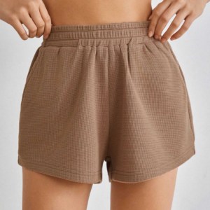 Shorts de Cintura Alta de Lona Tejida con Detalle de Botones, Color Sólido, Transpirables, Cintura Elástica, Casuales para Mujer - Product Image 4