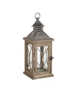 Wooden rectangular lantern glass panels curved metal designs ornate floral engraved metallic <b>top</b> vented section circular ring - Product Image 1