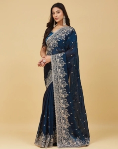 Sari de satén bordado estilo Bollywood KV (azul) - Product Image 3