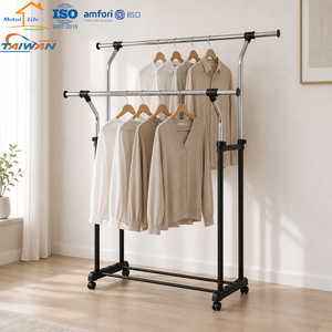 Double <b>Rod</b> Garment Rack Stainless Steel Standing Clothes Organizer for Bedroom Minimalist Design with Wheels - Product Image 5