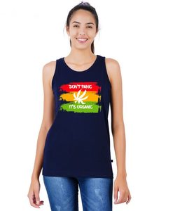 Débardeur bleu marine pour femme avec imprimé feuille de rasta « Don't Panic It's Organic » – Haut décontracté sans manches à col rond - Product Image 4