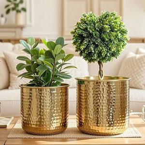 Pot de fleurs moderne en métal doré martelé pour plantes d'intérieur 16,5 cm et 19 cm, utilisation sur bureau - Product Image 6