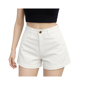 Shorts de Lona Blancos de Cintura Alta para Mujer, Cinco Bolsillos, Cierre de Botones, Corte Regular Informal, Color Sólido, Tejido de Lona - Product Image 3