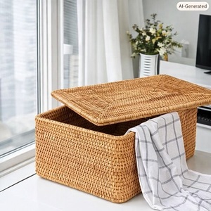 Durable Home <b>Collapsible</b> Bamboo Basket Rattan <b>Storage</b> Box With Lid Rectangle Shape Clothing Organizer Living Room <b>Storage</b> Bin - Product Image 1