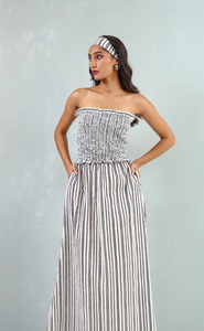Conjunto de 2 Piezas Vintage Formal con Hombros Descubiertos, Rayas Blancas y Negras, Sin Mangas, 100% Algodón, Largo hasta la Rodilla - Product Image 3
