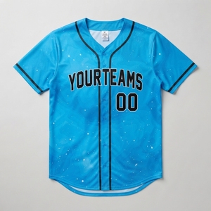 Maillot de baseball personnalisé pour homme, bleu, col en V, manches courtes, impression sublimée, évacuation de l'humidité, coupe classique, nom de l'équipe 00, logo avant - Product Image 5