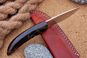 Cuchillo de caza pequeño hecho a mano DIY OEM, hoja fija de acero al carbono, mango curvo de cuerno, cuchillo para desollar para camping al aire libre con funda - Product Image 5