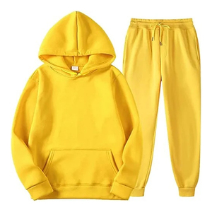 Ensemble de survêtement unisexe jaune à capuche, manches longues, couleur unie, décontracté, respirant, coupe régulière, 100 % coton, pour l'automne - Product Image 1