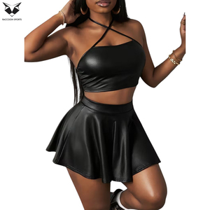 Halter Neck Fully Customized Women's Club Wear 2 Piece PU <b>Leather</b> Set-High Quality Quick Dry & Durable OEM Service - Product Image 4