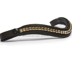 Banda de ceja de caballo de cuero acolchado negro marrón de edición limitada personalizada con una sola fila de cadena de diamantes de cristales dorados - Product Image 5