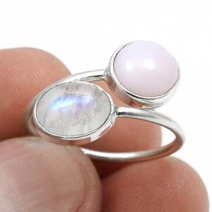 Natural Pink <b>Opal</b> & Rainbow Moonstone Gemstone Boho <b>Ring</b> In 925 Sterling <b>Silver</b> Handmade Two-Stone Twister Stackable <b>Ring</b> - Product Image 2