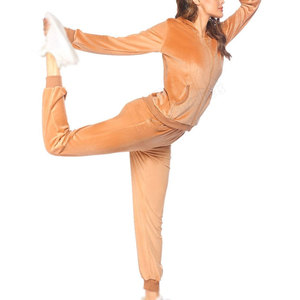 Survêtement en velours orange pour femme, coupe régulière, avec capuche, fermeture éclair sur le devant, poches latérales, décontracté, pour l'automne - Product Image 4