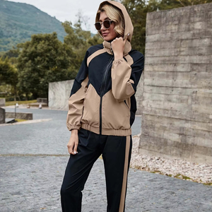 women <b>tracksuit</b> fitted cotton polyester fabric zipper jacket jogger set breathable stretch gym training wear sportswear - Product Image 1