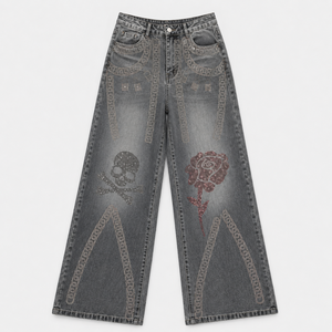 Jean en denim de coton taille haute à jambe large pour femme, orné de strass, crânes et roses, style vintage délavé, pantalon streetwear décontracté - Product Image 1
