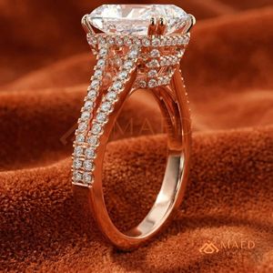 Romantic Rose Gold Radiant Cut Moissanite <b>Ring</b> Hidden Halo <b>Split</b> Shank Anniversary <b>Ring</b> - Product Image 4