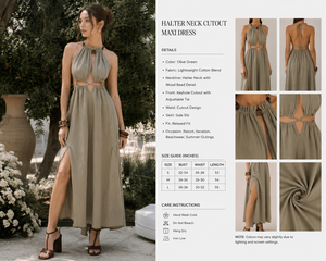 Vestido largo caqui con cuello halter y aberturas para mujer, sin espalda, ideal para playa, resort o vacaciones de verano. - Product Image 3