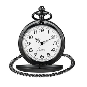Montre de poche classique en quartz moderne avec chaîne, cadran à chiffres romains, finition noire, métal de haute qualité, horloge analogique élégante pour hommes - Product Image 1