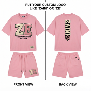 เสื้อยืดและกางเกงขาสั้นผู้ชายผ้าฝ้ายเฟรนช์เทอร์รี่พรีเมียม 280 GSM สีชมพู ปักลายเชนิลล์แบบกำหนดเอง สไตล์โอเวอร์ไซส์ สตรีทแวร์ - Product Image 1