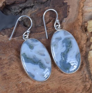 High Quality 925 Sterling <b>Silver</b> Large Oval Bezel Setting Natural Tree Agate Cabochon Drop Dangle Earrings Fashion <b>Stud</b> Design - Product Image 6