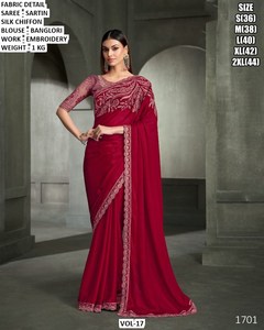 <b>Red</b> Chiffon <b>Saree</b> with Embroidered Blouse for Women Traditional Wedding Wear Wrinkle-Free Moisture-Wicking Size S to 2XL - Product Image 3