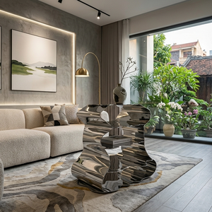 Modern Round Polished Metal Dining <b>Table</b> with Unique Organic Wave Base, Luxury <b>Silver</b> Accent <b>Coffee</b> <b>Table</b> for Hotel & Home - Product Image 4