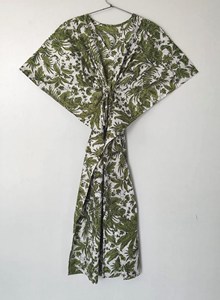 Women’s Boho V-Neck Tropical Leaf Hand Print <b>Kaftan</b> Dress Olive Green Cotton Loose Fit <b>Summer</b> Beach Dress - Product Image 6