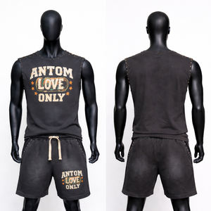 Conjunto de Dos Piezas de Verano, Informal, con Logotipo Personalizado, Camiseta sin Mangas y Pantalones Cortos Unisex para Gimnasio, Estilo Holgado, Lavado Ácido, Transpirable, Cuello Redondo - Product Image 4