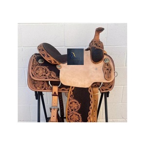 Silla de montar western de cuero marrón oscuro para carreras de barriles, con diseño floral y de ondas, conchas de diseño hechas a mano, asiento rígido acolchado 10"-18" - Product Image 2