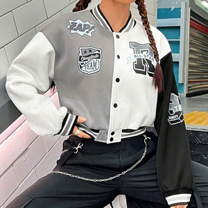 Varsity Jacket Women's Gray White Black Letter Print Full Sleeve Turn-down Collar Single Breasted Autumn Wear - Product Image 4