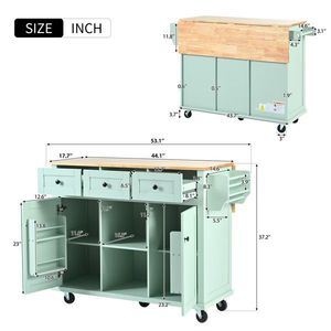 Carrello da Cucina a 5 Ruote con Piano Ribaltabile in Legno di Gomma, Struttura in Acciaio e Metallo, Ripiani Interni e Anta Armadietto - Product Image 3
