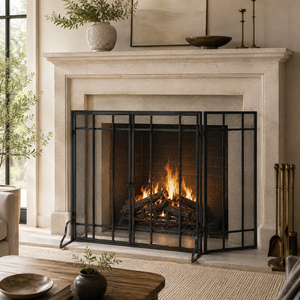 Manhattan <b>Grid</b> Design <b>Metal</b> Fireplace Screen Folding Three Panel Mesh Spark Guard Heat Resistant Hearth Protector - Product Image 1
