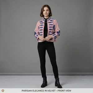 Women's Hand Embroidered Woven Cotton Lining Floral <b>Velvet</b> Short Pullover Jacket Boho Mandarin Collar Full Sleeve 700 GM Spring - Product Image 4