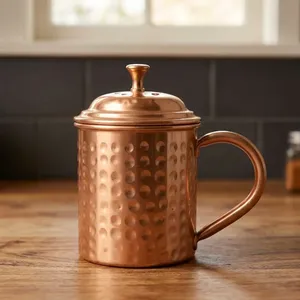 Mug en cuivre pur avec couvercle, design classique martelé cylindrique fait main, tasse réutilisable pour la maison, la cuisine, le bureau, ou comme cadeau - Product Image 5