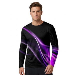 T-shirt imprimé à manches longues pour homme, motif noir et violet, séchage rapide, col rond, tissu tricoté, coupe classique - Product Image 2
