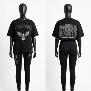 Conjunto de camiseta y leggings negros de mezcla de algodón y poliéster de 180 GSM, tela suave y elástica, logotipo personalizado impreso, ropa deportiva, conjuntos para mujer - Product Image 4