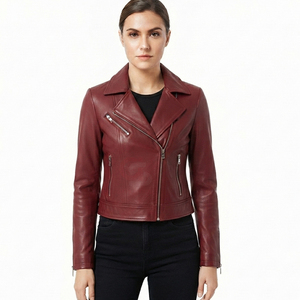 Veste de moto en cuir véritable pour femme avec col rabattable, design tendance, style motard, vestes en cuir d'hiver pour femmes - Product Image 1